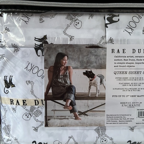 HTF Rae Dunn Halloween Spooky Dancing Skeletons Black Cat Queen Sheet Set - Picture 4 of 10